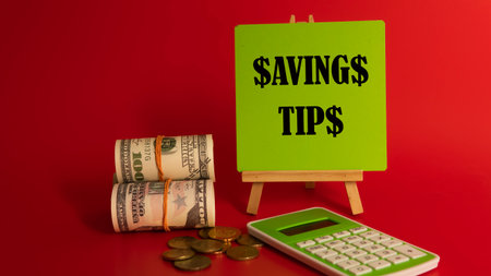 Money saving tips concept. Selective focus on the green board  with a text saving tips. How to save...