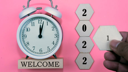 Saying Goodbye to 2021 and saying welcome 2022. A new year celebration concept. Selective focus on...