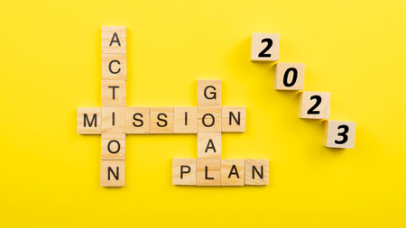 Selective focus of a tiles of word on a yellow background. Plan Action Goal Mission.の写真素材