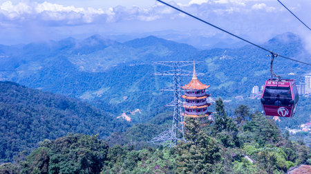 Pahang, Malaysia, 23rd July 2023 - Selective focus of view inside famous Genting Highlands cable car. Genting Highland cable car attract tourist from domestic and international due to the sceninc view,のeditorial素材