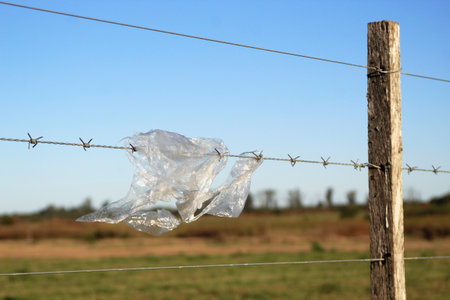 Plastic bag on a wire fence with blue sky in the backgroundの写真素材