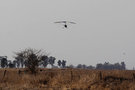 Hang glider in flight over a field of dry grass.