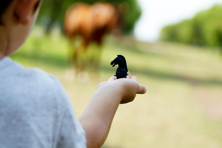 Little boy playing with a horse in the park. Selective focus.の写真素材