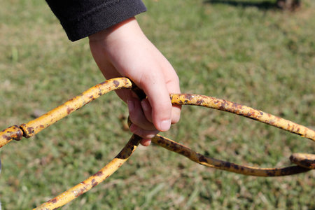 Child's hand holding a rusty chain link fence in the park.の写真素材