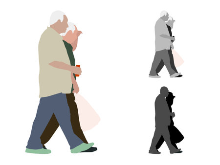 Realistic flat colored illustration of two walking old menのイラスト素材