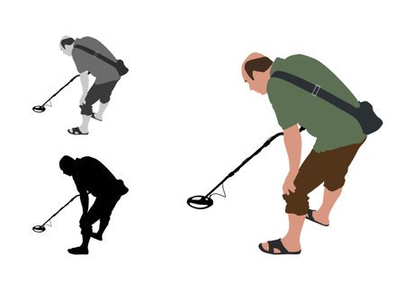 Man with shorts and slippers using metal detector on beachのイラスト素材