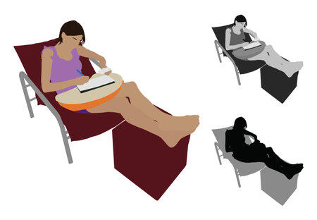 Realistic flat colored illustration of a young woman studying on a seatのイラスト素材