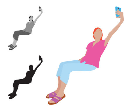 Realistic flat colored illustration of a young woman taking selfie while sitting on a armchairのイラスト素材
