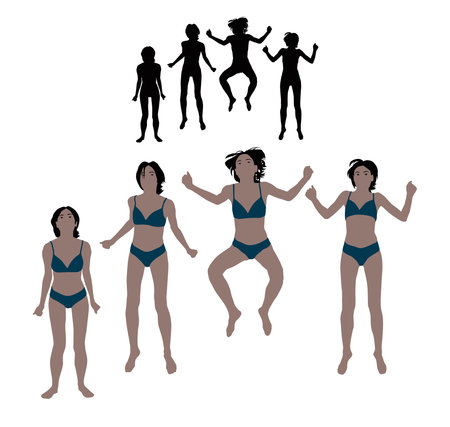 Set of realistic flat colored illustration of a jumping young woman in bikinisのイラスト素材