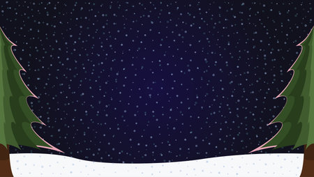 New Year & Chirstmas themed dark blue snowy background with pine trees on sides, copy space on centerのイラスト素材