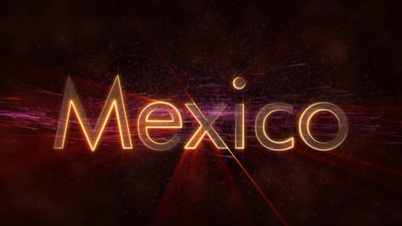 Mexico - Shiny rays on edge of country name text over a background with swirling and flowing starsの写真素材