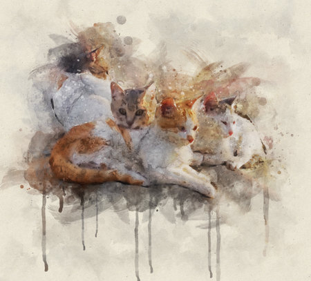 Watercolor illustration of a calico cat. Calico cats are domestic cats with a spotted or particolored coat that is predominantly white, with patches of two other colors.の写真素材