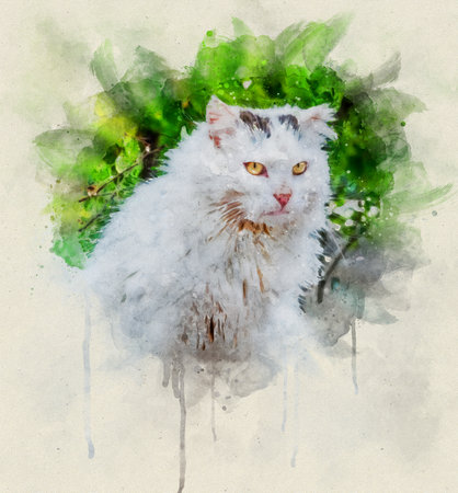 Watercolor illustration, Portrait of a dirty white colored stray cat with yellow eyes.の写真素材