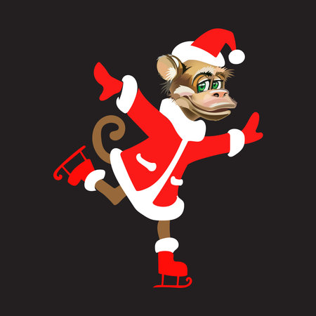 a monkey in a suit of Santa Claus skating isolated new year vectorのイラスト素材