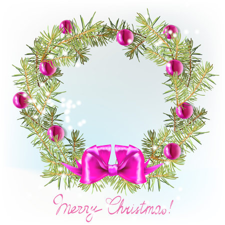 new year, the template for greetings with Christmas trees decorated with balls, vector isolated, elements for design greeting card with snowflakes, fir branches, bow frame, card, wreathのイラスト素材