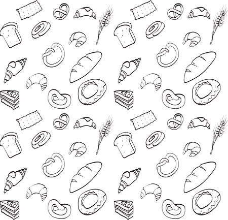 vector seamless texture, food, bread loaf brioche croissant, cake, baguettes, bagels, rye spike wheatのイラスト素材