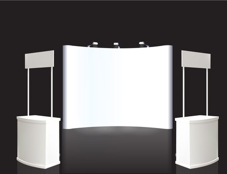 Trade exhibition stand, Exhibition Stand round, 3D rendering visualization of exhibition equipment, a set of stands, Advertising space on a white background, with space for text ads vectorのイラスト素材