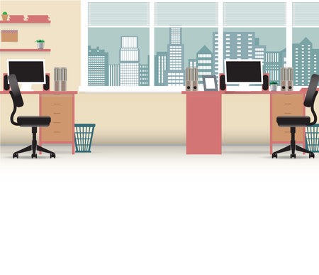 Office interior vector business background, tables chairs, computer desk, desktop, window, city, employee, empty, on the tables with computersのイラスト素材