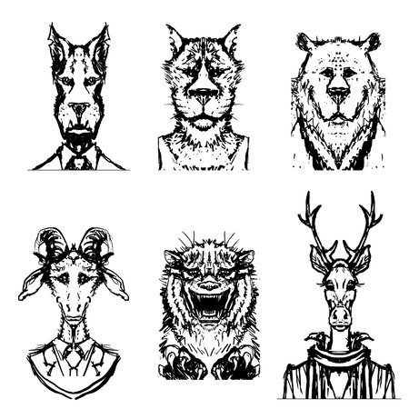 animals, tiger, deer, goat, wolf, bear, head vector avatarのイラスト素材