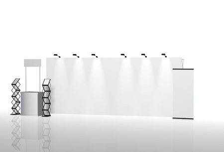 Trade exhibition stand, Exhibition Stand round, 3D rendering visualization of exhibition equipment, a set of stands, Advertising space on a white background, with space for text adsの写真素材
