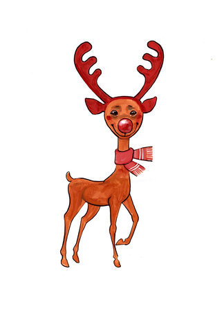 funny deer with red horns illustration of a New Yearの写真素材