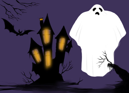 halloween old scary house bat illustrationの写真素材