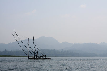 Fishing equipment  in songkalia river at Kanchanaburi, west of Thailandの写真素材