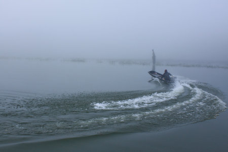 race boat drift  in songkalia river at Kanchanaburi, west of Thailandの写真素材