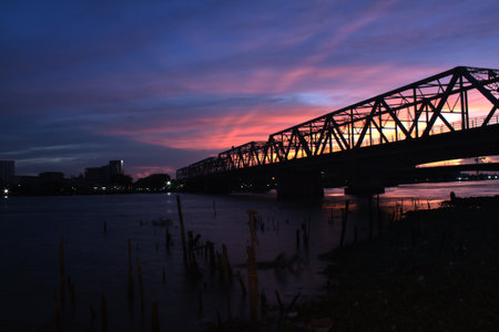  Silhouette of Bridge , Rama VI Bridge in thailandの写真素材