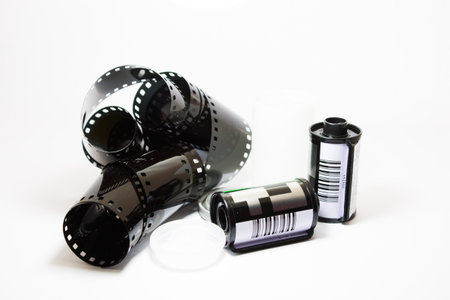 35mm film strip over whiteの写真素材