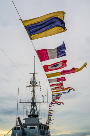 row ship flag signal on navy warshipの写真素材