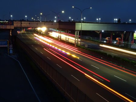 Long Exposure photo of the Jakarta Merak Highway at night at the East Balaraja toll gate.の写真素材
