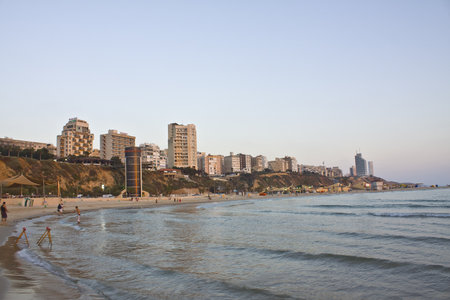 Popular Israel resort Netanya, view on the beach and town from seaのeditorial素材