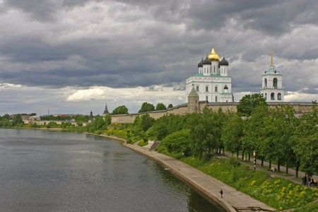 Pskov Krom or Kremlin, view from St  Olgas bridgeの写真素材