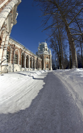 Tsaritsino, historical park in Moscow, formely the residence of empress Catherine the Great  Wall and tower of the Big Palace  Fish-eye lensのeditorial素材