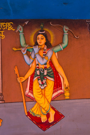 FEBRUARY 5, 2014, PURI, ORISSA, INDIA - Image of Lord Krishna Chaitanya Mahaprabhu with attrivutes of Lord Rama, Lord Krishna and own on the wall of Gaudiya Math templeのeditorial素材