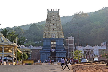 FEBRUARY 12, 2014, SIMHACHALAM, VISHAKHAPATNAM DISTRICT, ANDHRA PRADESH, INDIA - Ancient temple of Jiyada Nrisimha, avatara of Lord Vishnu on the top of mountain Simhadriのeditorial素材