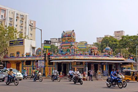 FEBRUARY 15, 2014, CHENNAI, TAMIL NADU, INDIA - Street scene in front of the ancient Hindu temple