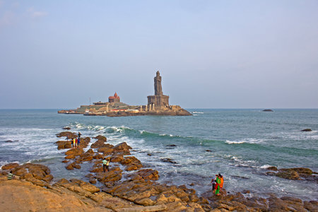 FEBRUARY 16, 2014, KANYAKUMARI, TAMIL NADU, INDIA - View to Vivekananda Memorial, fish-eye lensのeditorial素材