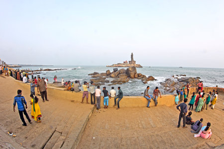FEBRUARY 16, 2014, KANYAKUMARI, TAMIL NADU, INDIA - View to Vivekananda Memorial, fish-eye lensのeditorial素材