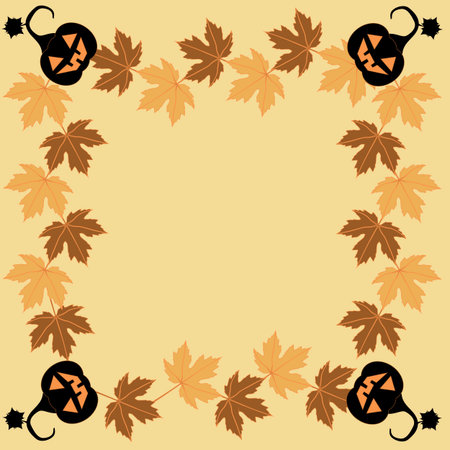 Halloween frane with an autumnal maple leaves and black pumpkinのイラスト素材