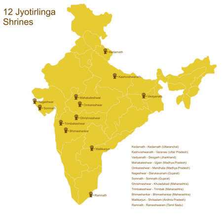 Twelve Jyotirlinga shrines, important Shaivite pilgrimage places, on the map of Indiaのイラスト素材