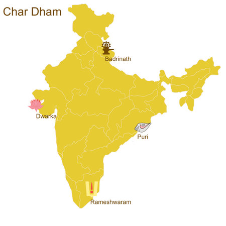 Char Dham, four most important Hindu pilgrimage places - Badrinath in North, Puri in East, Rameshwaram in South and Dwarka in West - on the map of Indiaのイラスト素材