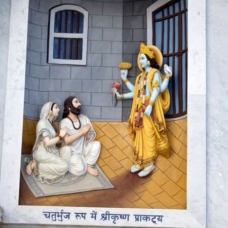 MARCH 2, 2014, VRINDAVAN, UTTAR-PRADESH, INDIA - Image describes the hily pastimes of Lord Krishna or Krishna-lila on the wall of Prem Mandir or Temple of Loveのeditorial素材