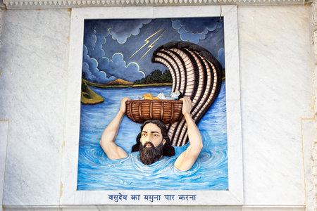 MARCH 2, 2014, VRINDAVAN, UTTAR-PRADESH, INDIA - Image describes the hily pastimes of Lord Krishna or Krishna-lila on the wall of Prem Mandir or Temple of Loveのeditorial素材