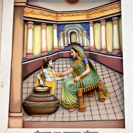 MARCH 2, 2014, VRINDAVAN, UTTAR-PRADESH, INDIA - Image describes the hily pastimes of Lord Krishna or Krishna-lila on the wall of Prem Mandir or Temple of Loveのeditorial素材