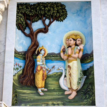 MARCH 2, 2014, VRINDAVAN, UTTAR-PRADESH, INDIA - Image describes the hily pastimes of Lord Krishna or Krishna-lila on the wall of Prem Mandir or Temple of Loveのeditorial素材