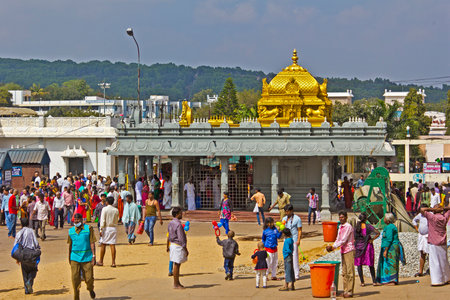 FEBRUARY 1, 2015, TIRUMALA, ANDHRA PRADESH, INDIA - People close to small Hindu temple on the sacred mountain Tirumalaのeditorial素材