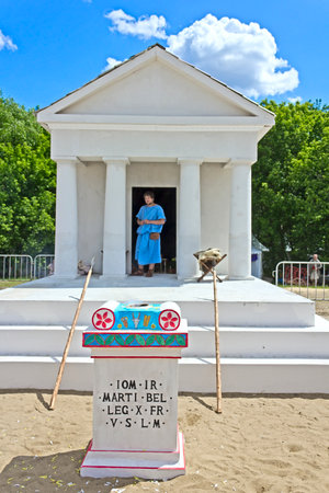JUNE 6, 2015,  MOSCOW, RUSSIA -  Festival of the historic reconstruction Times and Ages in the park Kolomenskoye. Makeshift temple of the Roman God Marsのeditorial素材