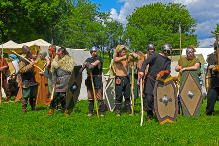 JUNE 6, 2015,  MOSCOW, RUSSIA -  Festival of the historic reconstruction Times and Ages in the park Kolomenskoye. Ancient German warriorsのeditorial素材